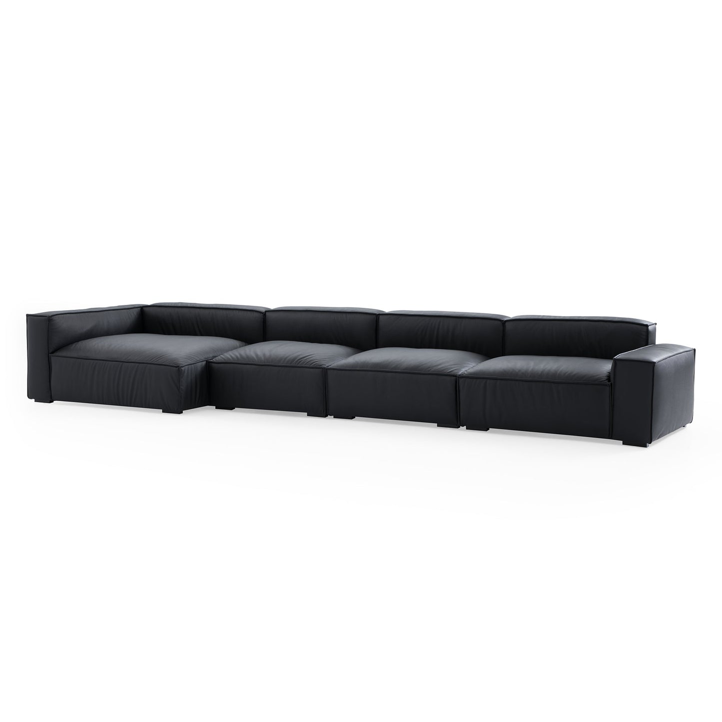 Luxury Minimalist Black Leather Sectional-Black-185.0"-Facing Left