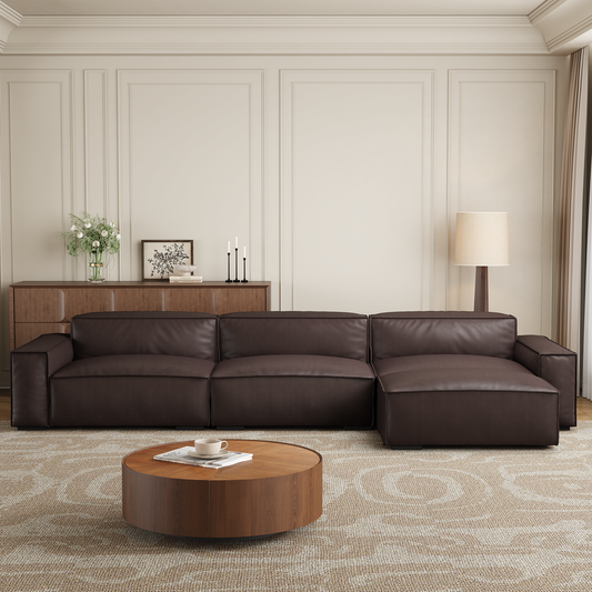 Luxury Minimalist Dark Brown Leather Sofa and Ottoman-Dark Brown