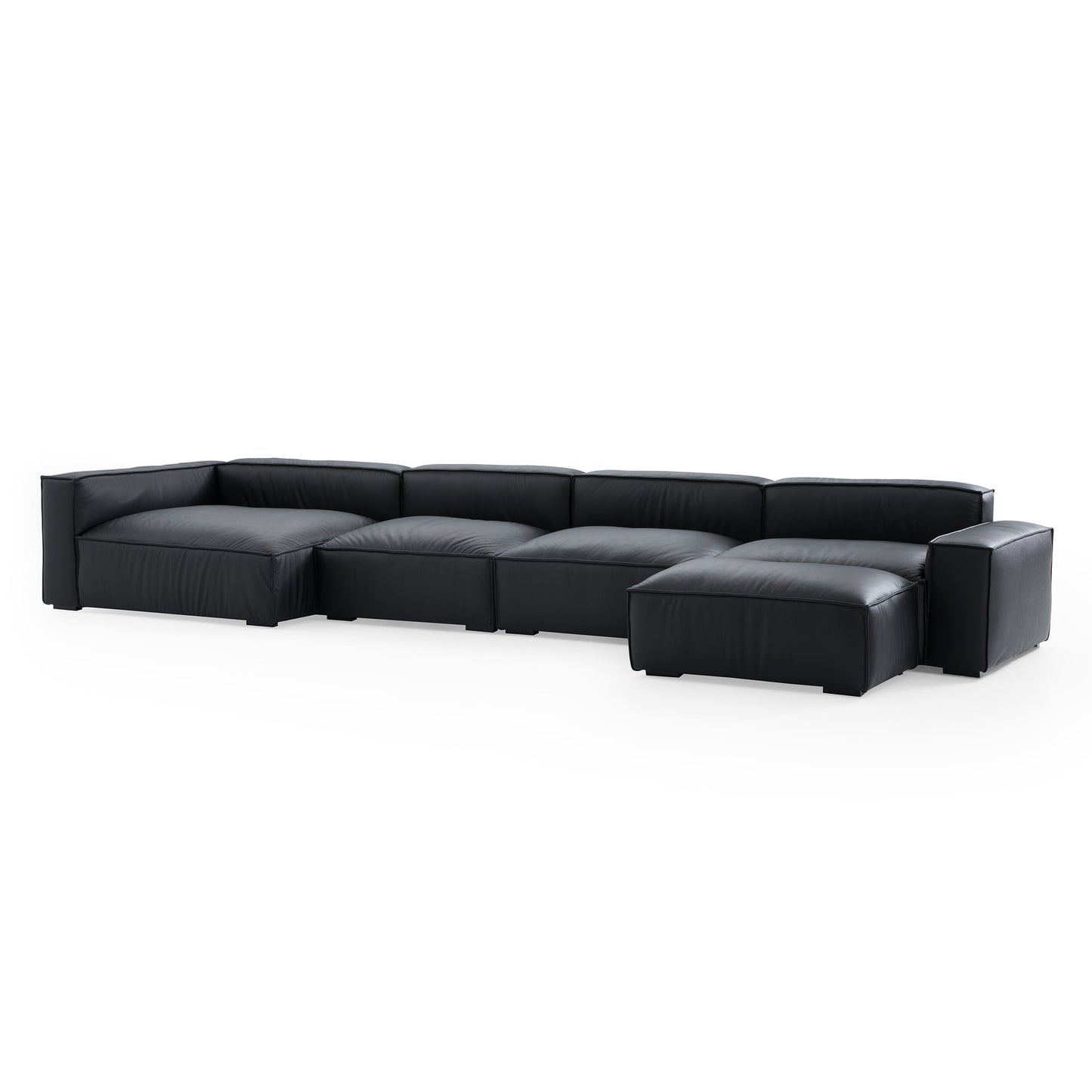 Luxury Minimalist Black Leather Sectional and Ottoman-Black-185.0"-Facing Left