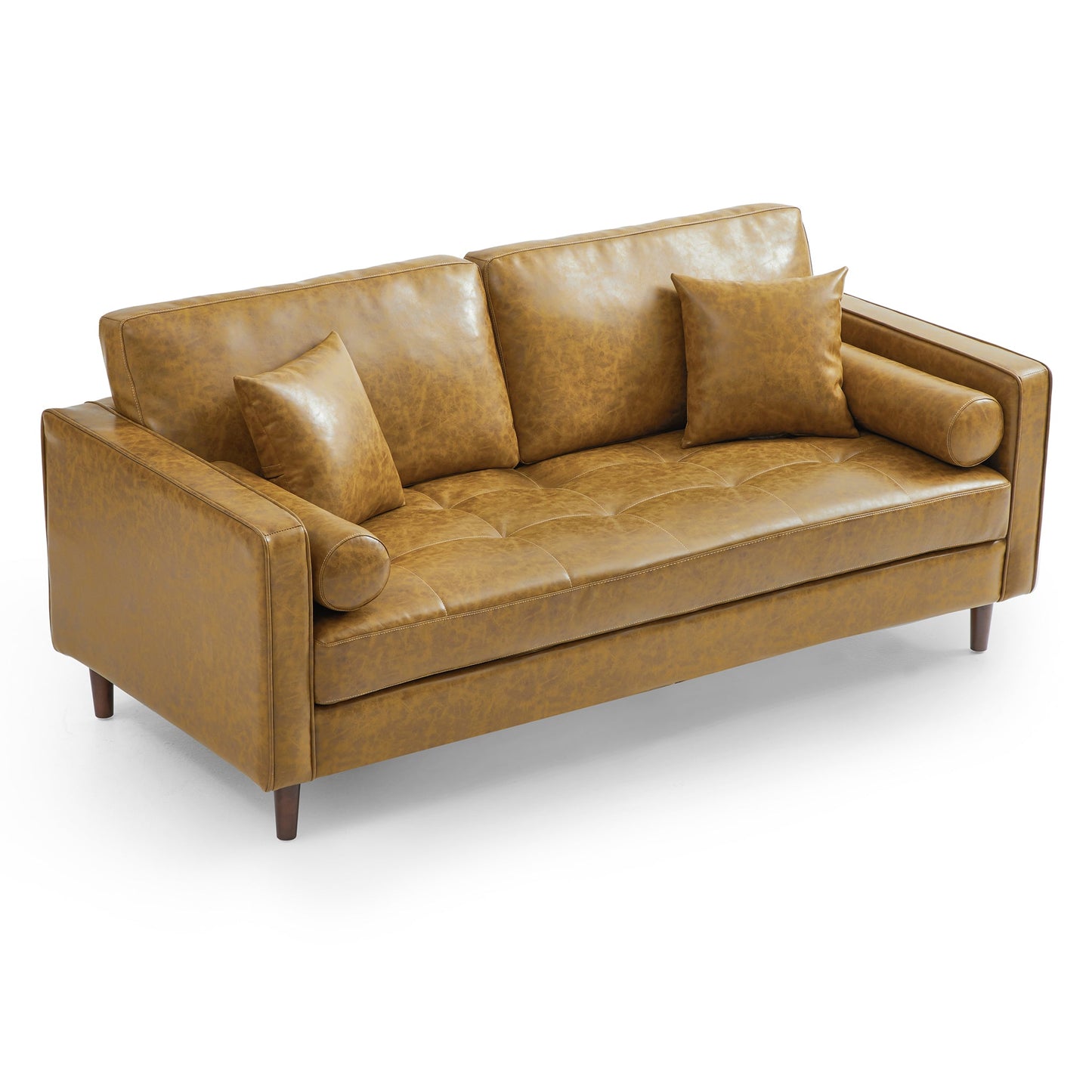 Mid-Century Modern Retro Tan Leather Loveseat-Tan-86.6″