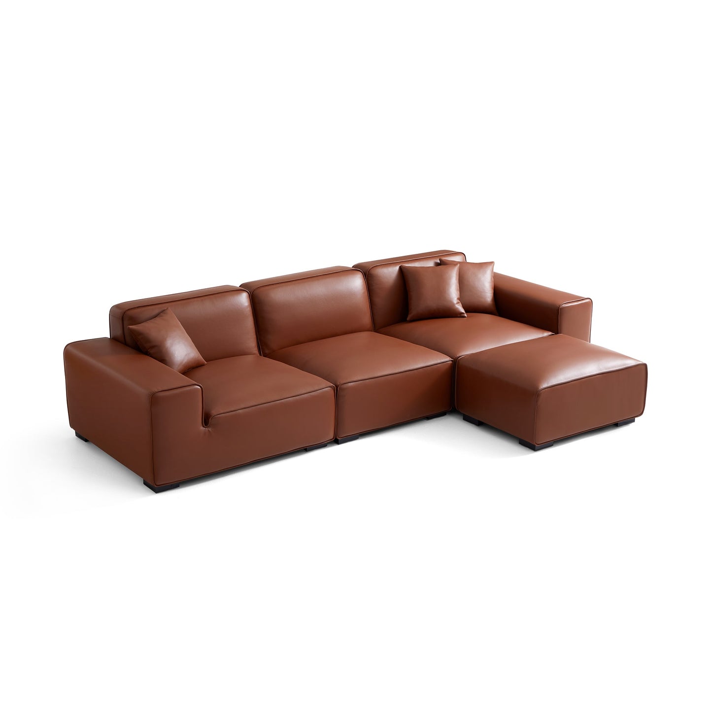 Domus Modular Khaki Leather Sofa and Ottoman-Brown-129.9"