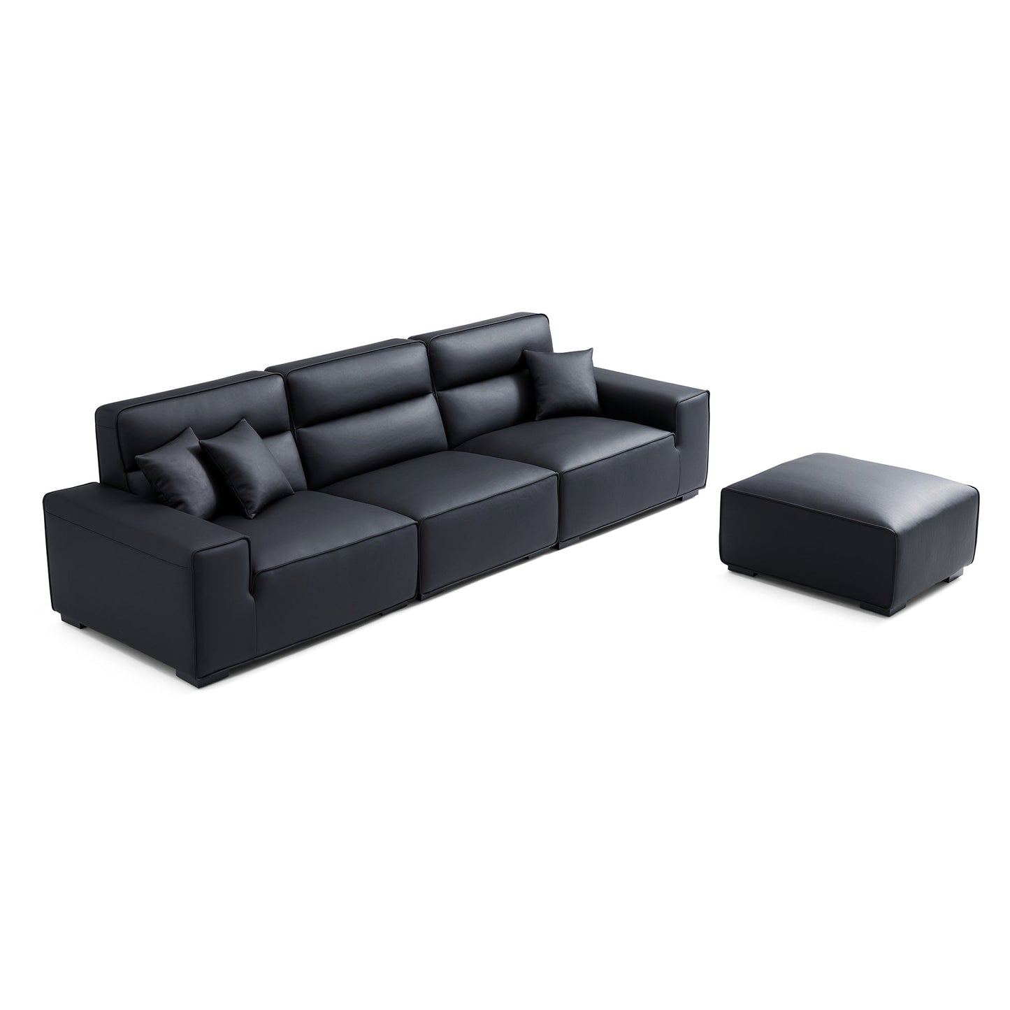 Domus High Back Modular Leather Sofa and Ottoman-Black-129.9"