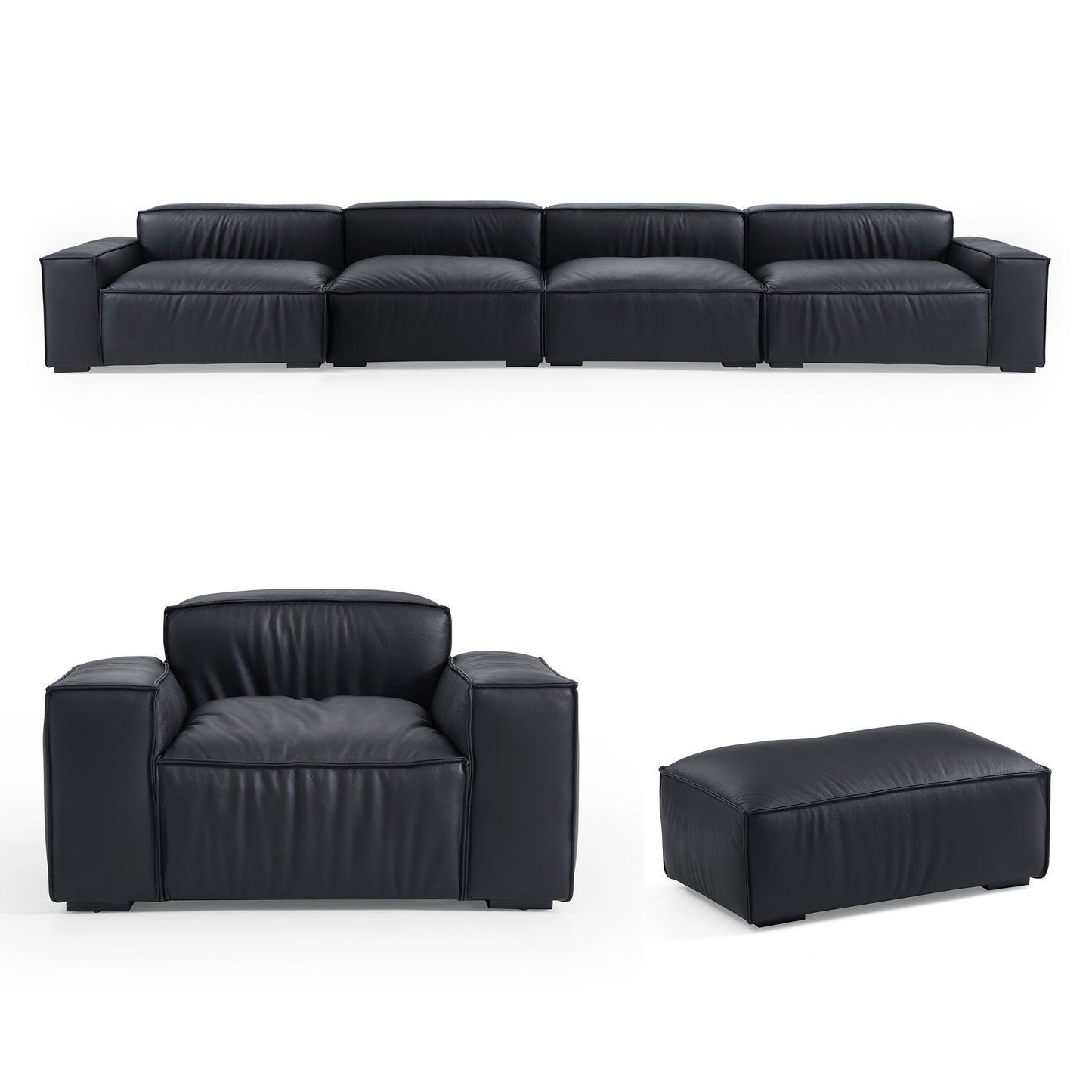 Luxury Minimalist Leather Black Sofa Set-Black