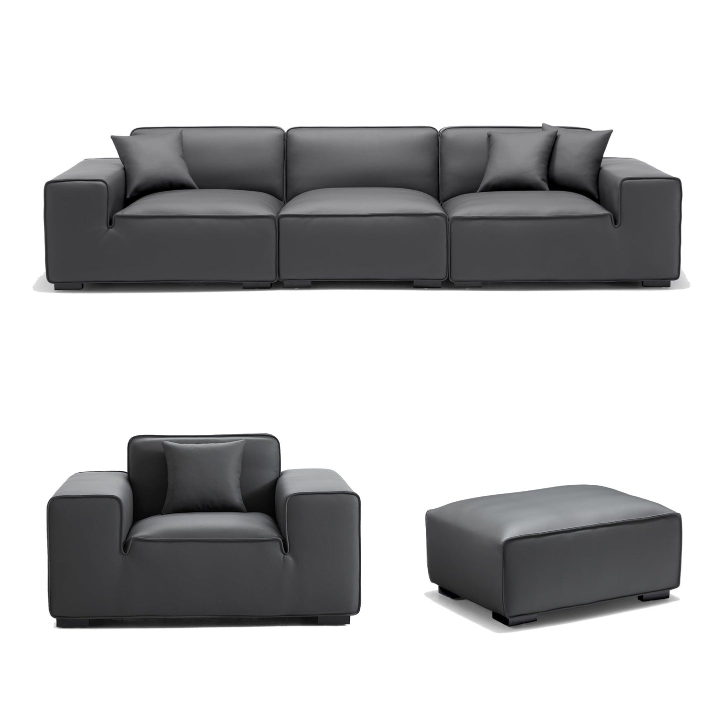 Domus Modular Black Leather Sofa Set-Dark Gray-129.9″