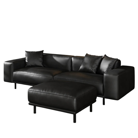 Noble Black Leather Sofa and Ottoman