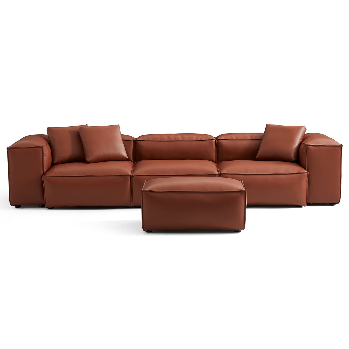 Cube Modular Brown Genuine Leather Sofa with Ottoman-Brown-142.9"-High