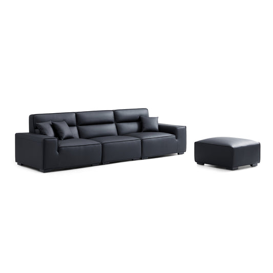 Domus High Back Modular Leather Sofa and Ottoman-Black-129.9"