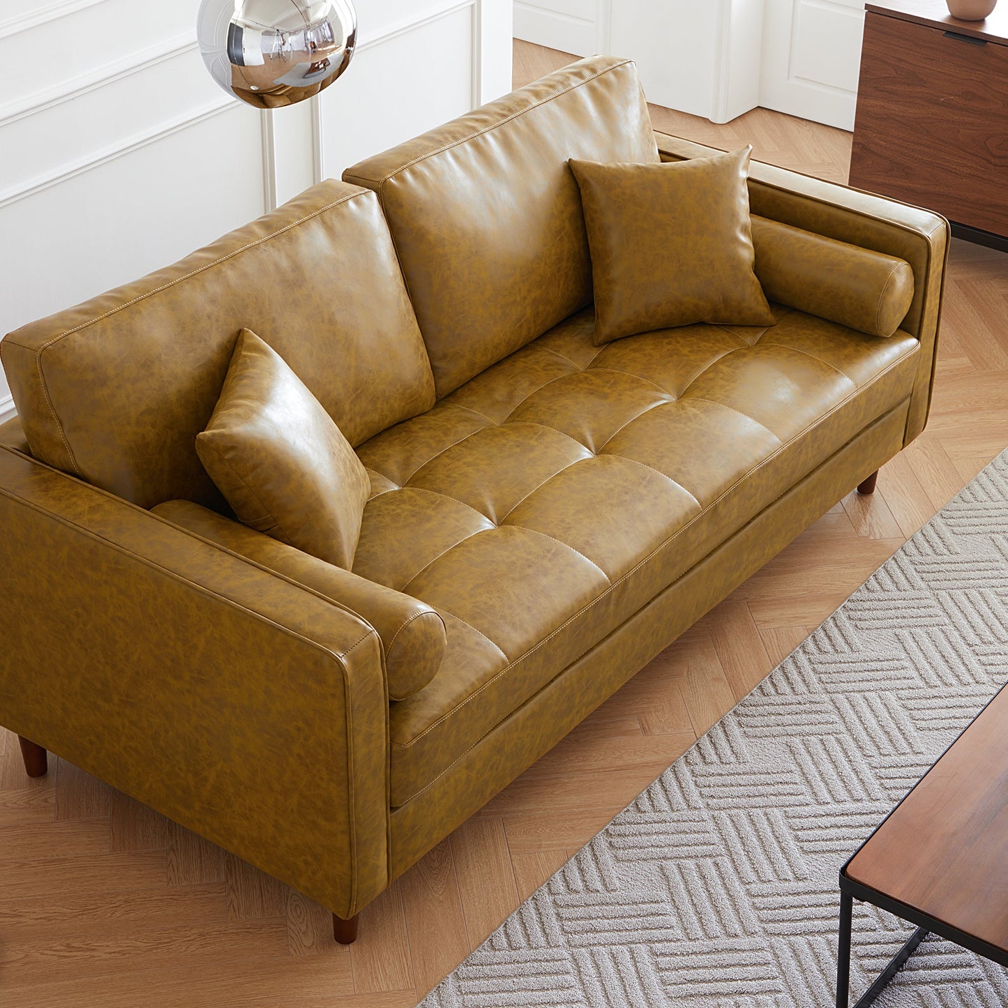 Mid-Century Modern Retro Tan Leather Loveseat-Tan-86.6″