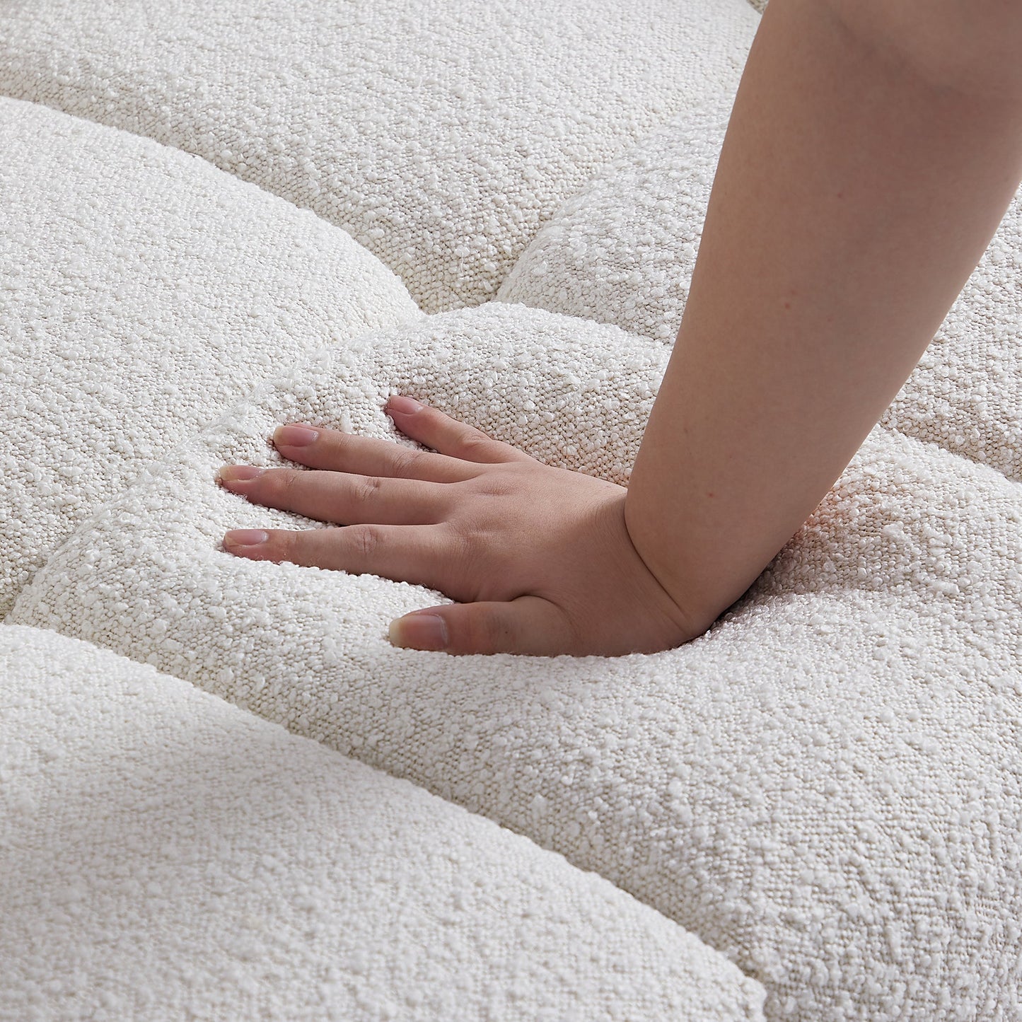 Cushy Cream Boucle Fabric Tufted Sofa With Ottoman-White