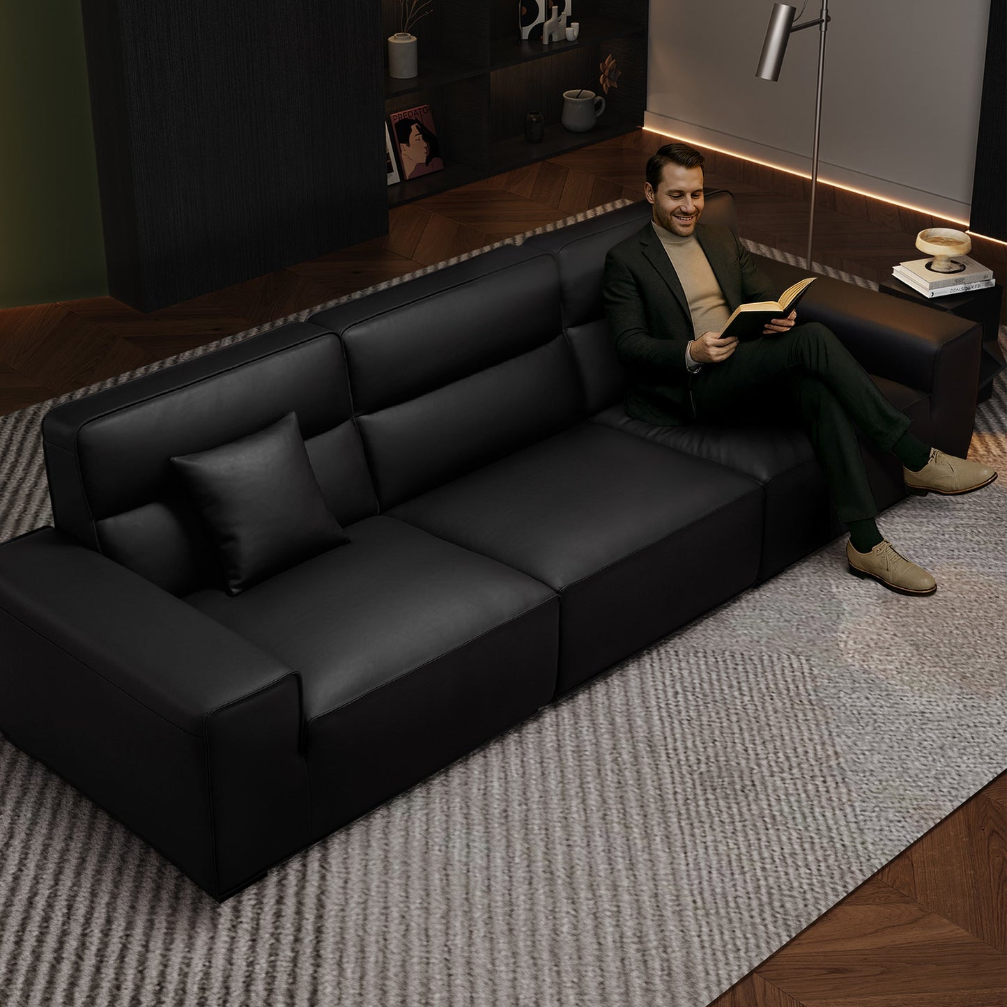 Domus High Back Modular Leather Sofa-Black