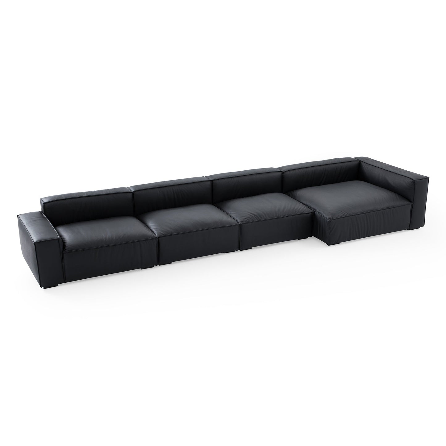 Luxury Minimalist Black Leather Sectional-Black-185.0"-Facing Right