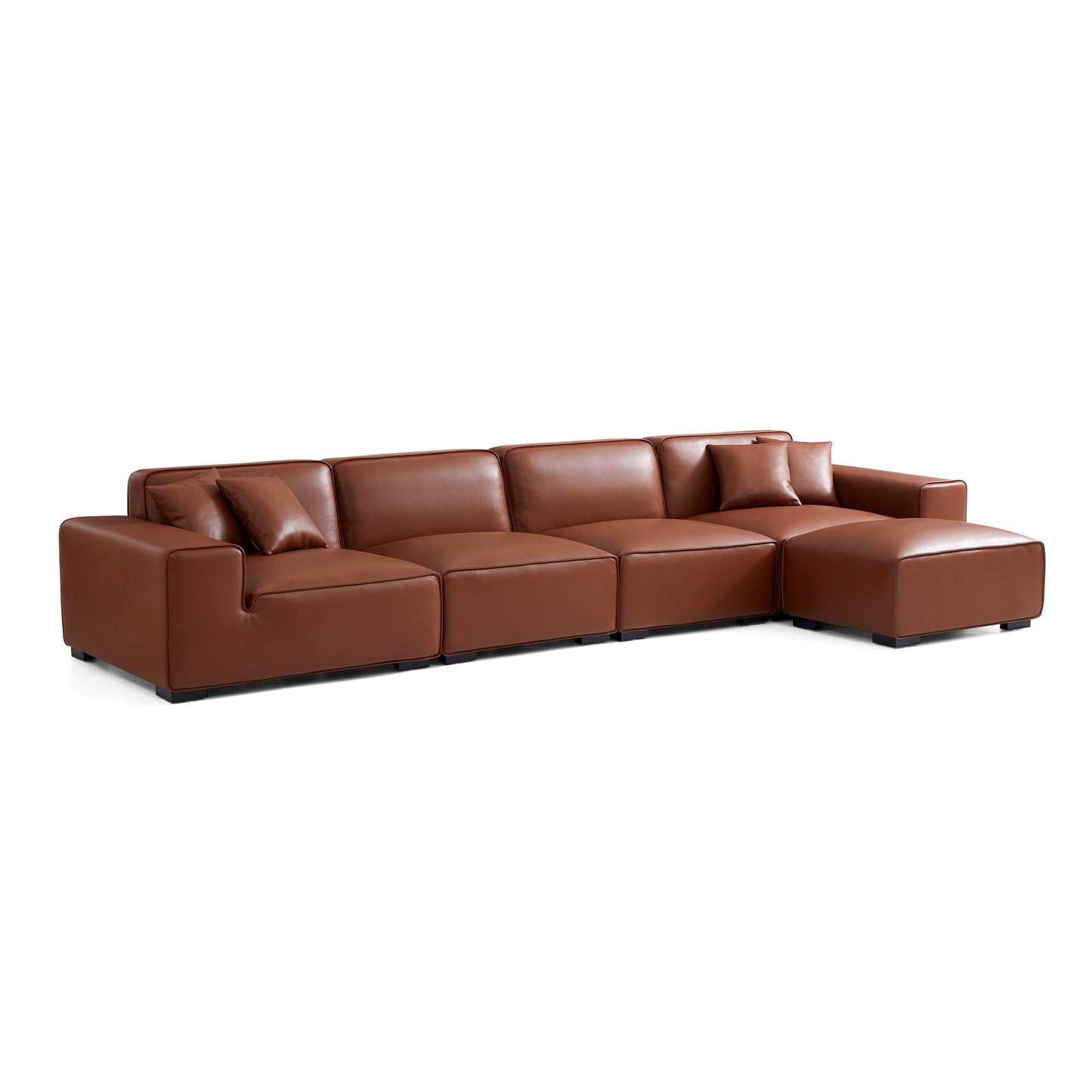 Domus Modular Khaki Leather Sofa and Ottoman-Brown-165.3"