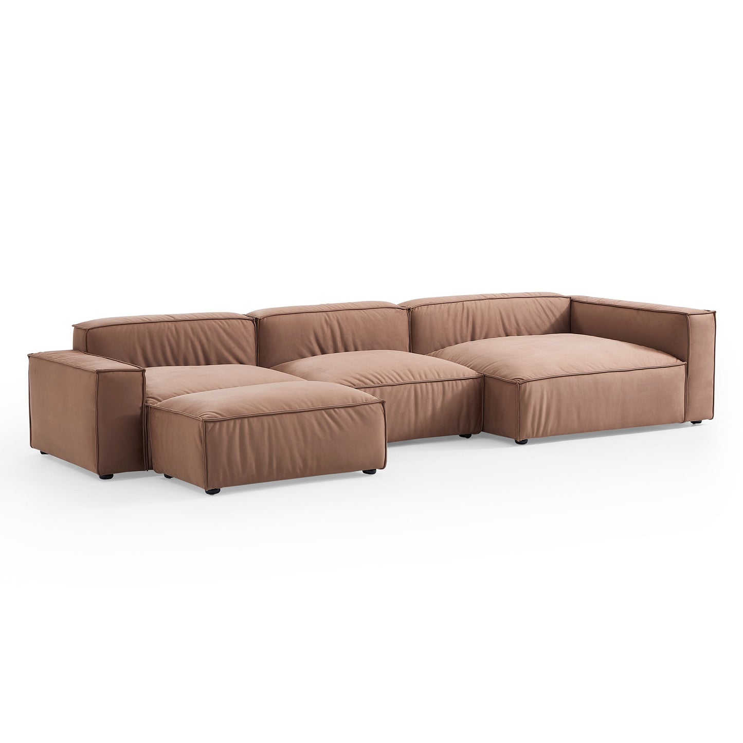 Luxury Minimalist Brown Fabric Sectional and Ottoman-Brown-145.7"-Facing Right