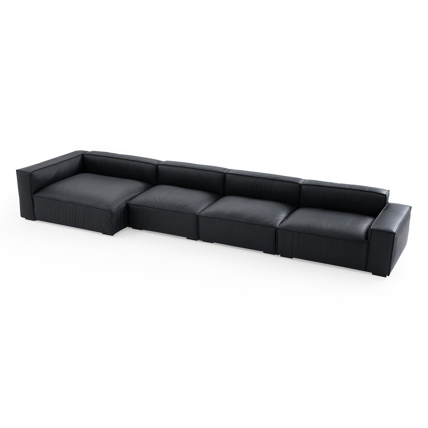 Luxury Minimalist Black Leather Sectional-Black-185.0"-Facing Left