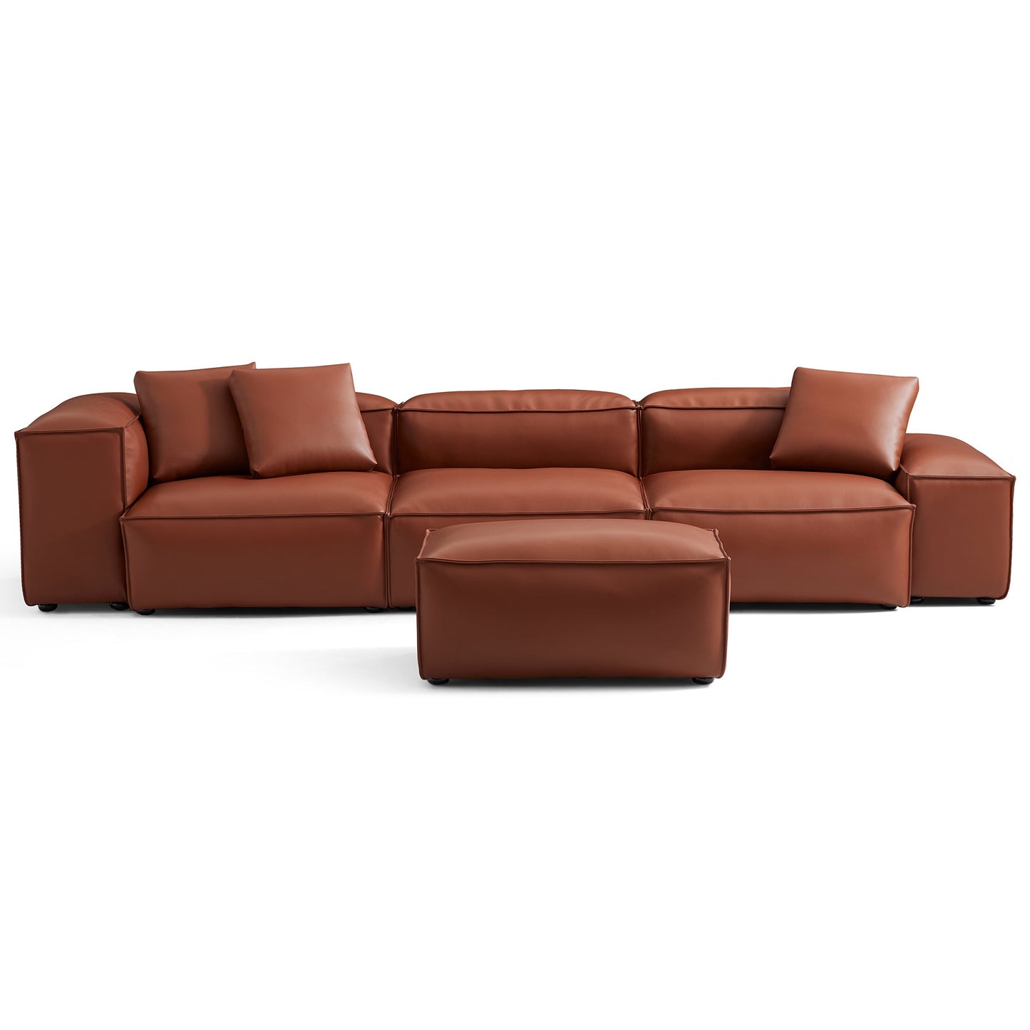 Cube Modular Brown Genuine Leather Sofa with Ottoman-Brown-142.9"-Low & High