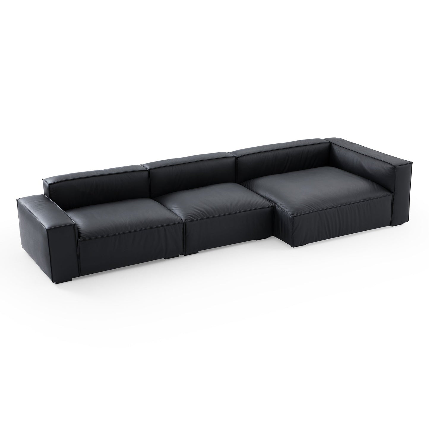 Luxury Minimalist Black Leather Sectional-Black-145.7"-Facing Right