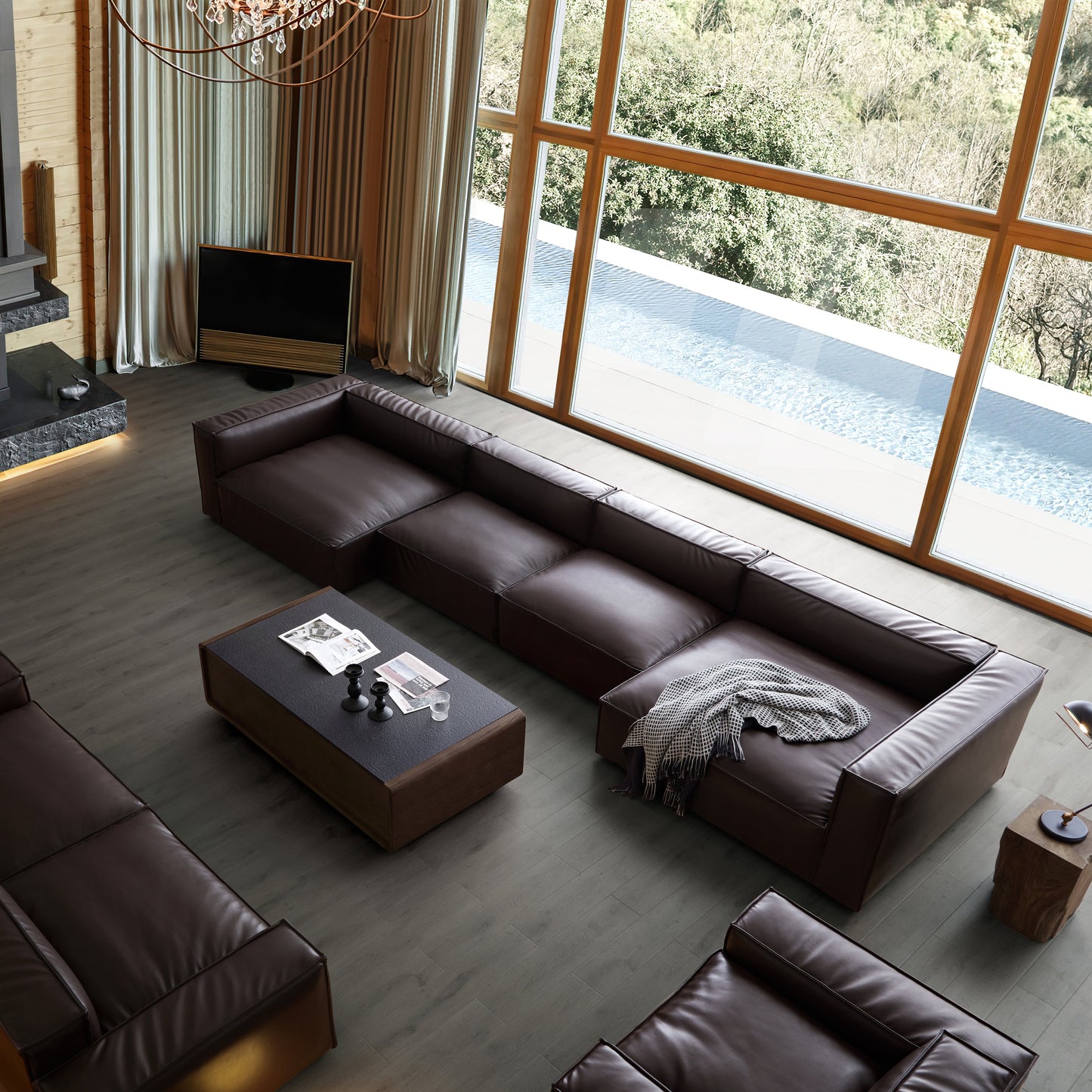 Luxury Minimalist Dark Brown Leather U Shaped Sectional-Dark Brown