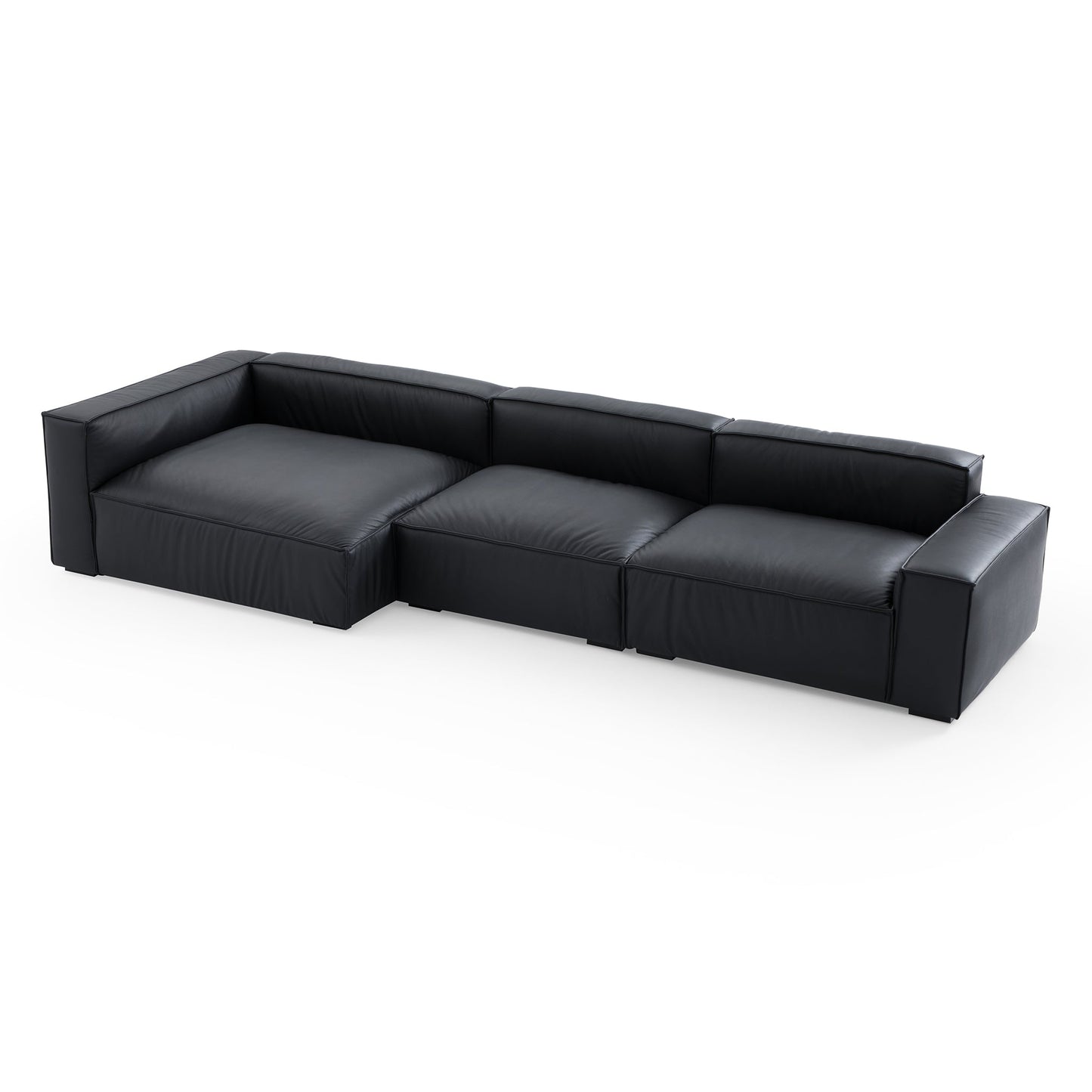Luxury Minimalist Black Leather Sectional-Black-145.7"-Facing Left