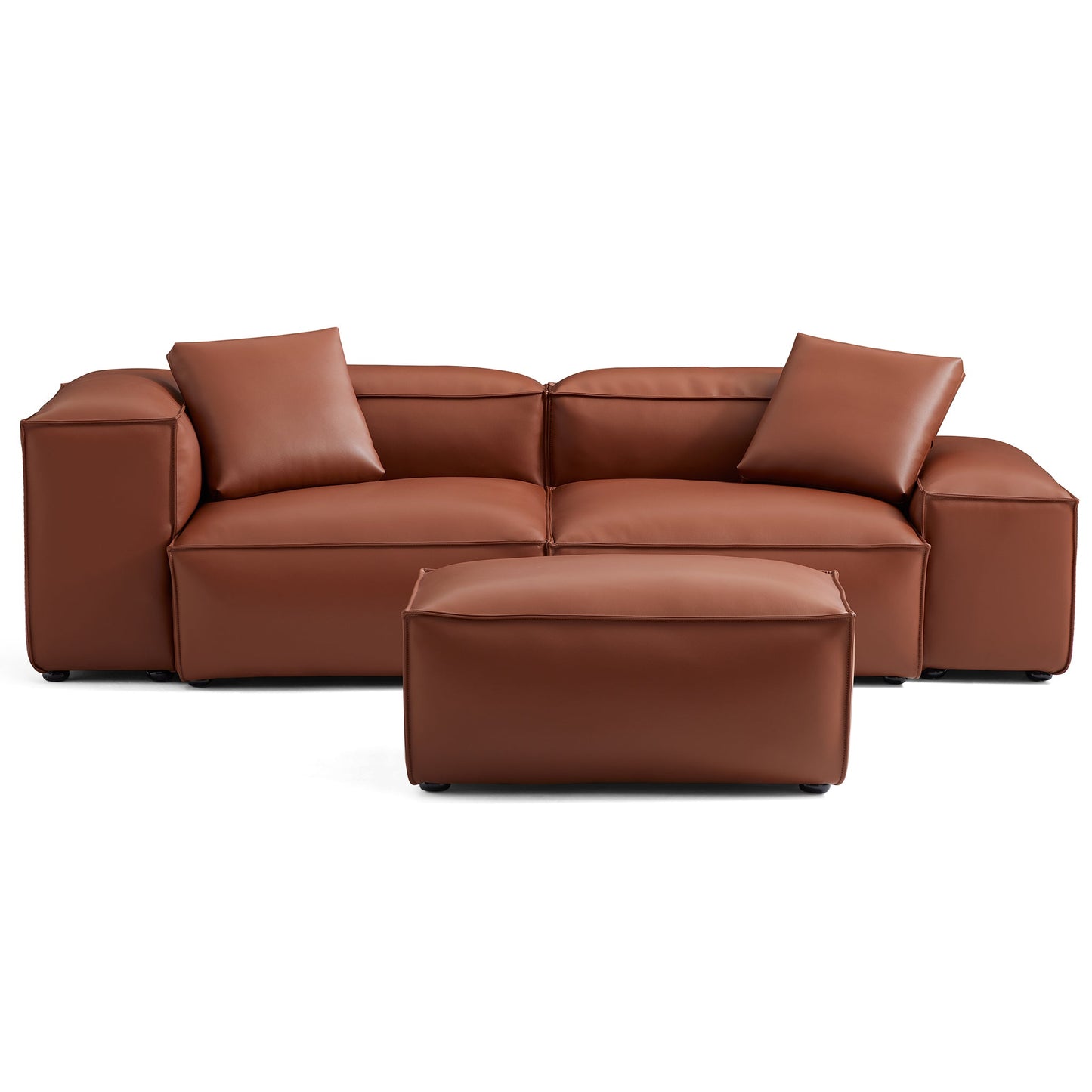 Cube Modular Brown Genuine Leather Sofa with Ottoman-Brown-105.5"-Low & High