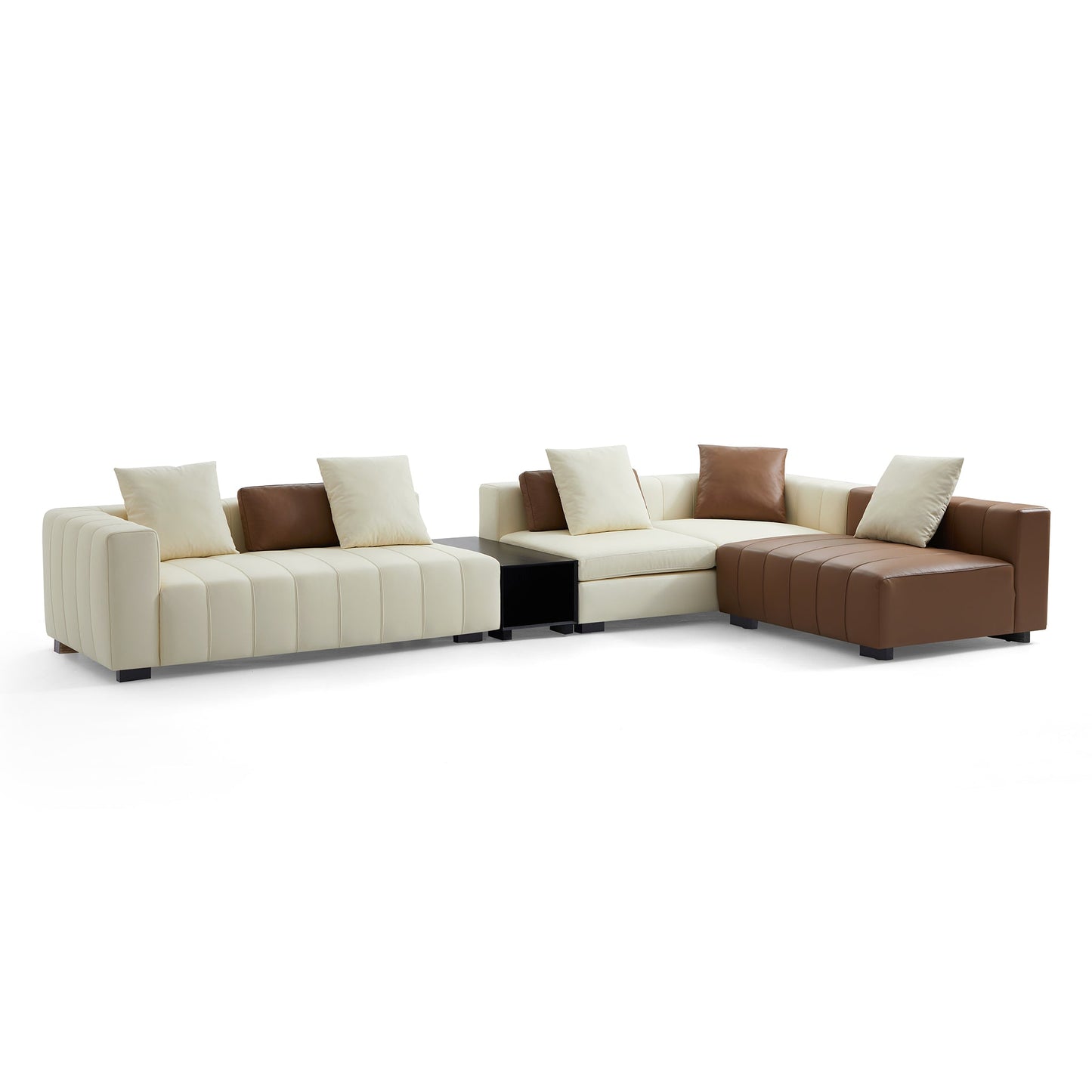 Piano L Shaped Leather Sectional Sofa with Coffee Table-Beige & Brown