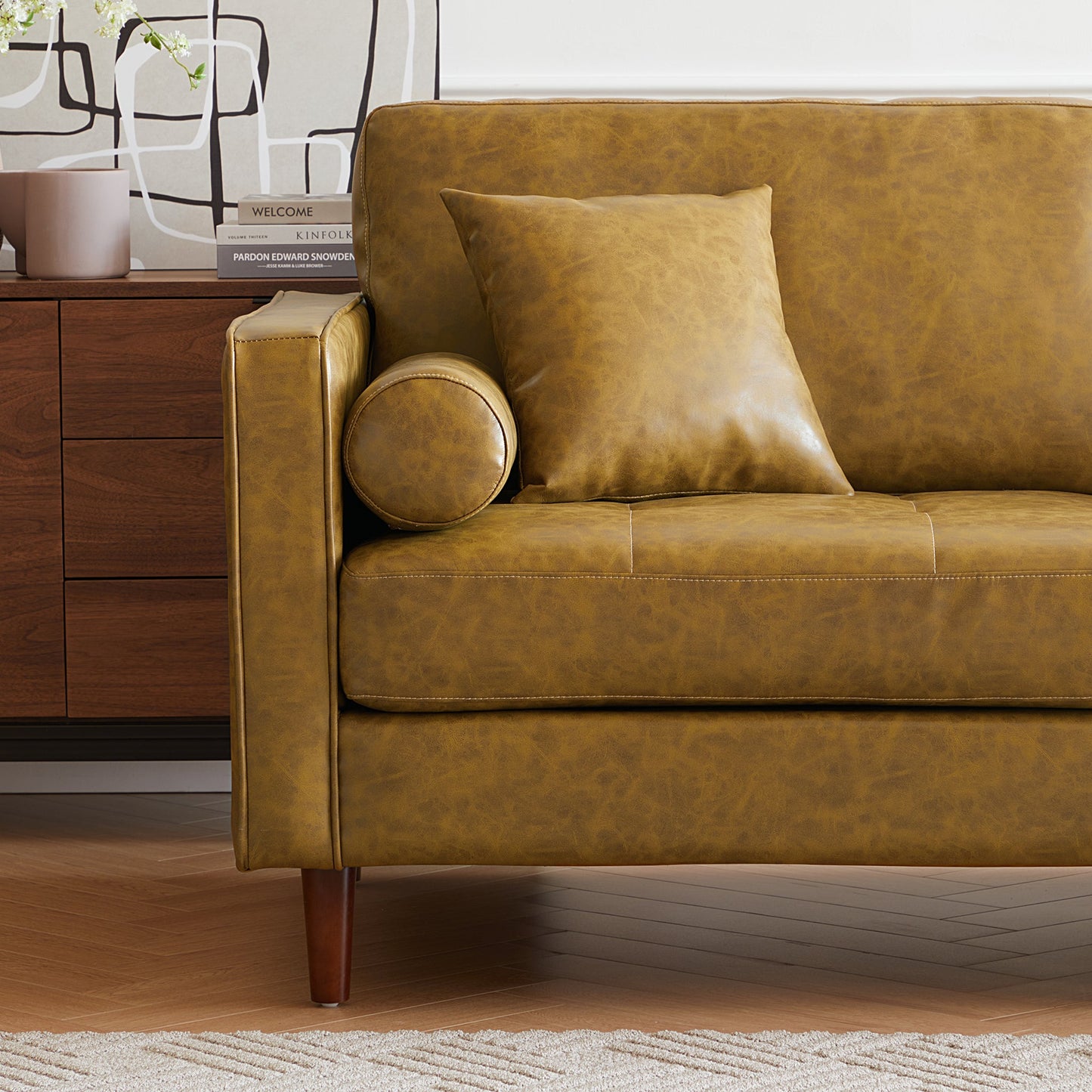 Mid-Century Modern Retro Tan Leather Loveseat-Tan-86.6″