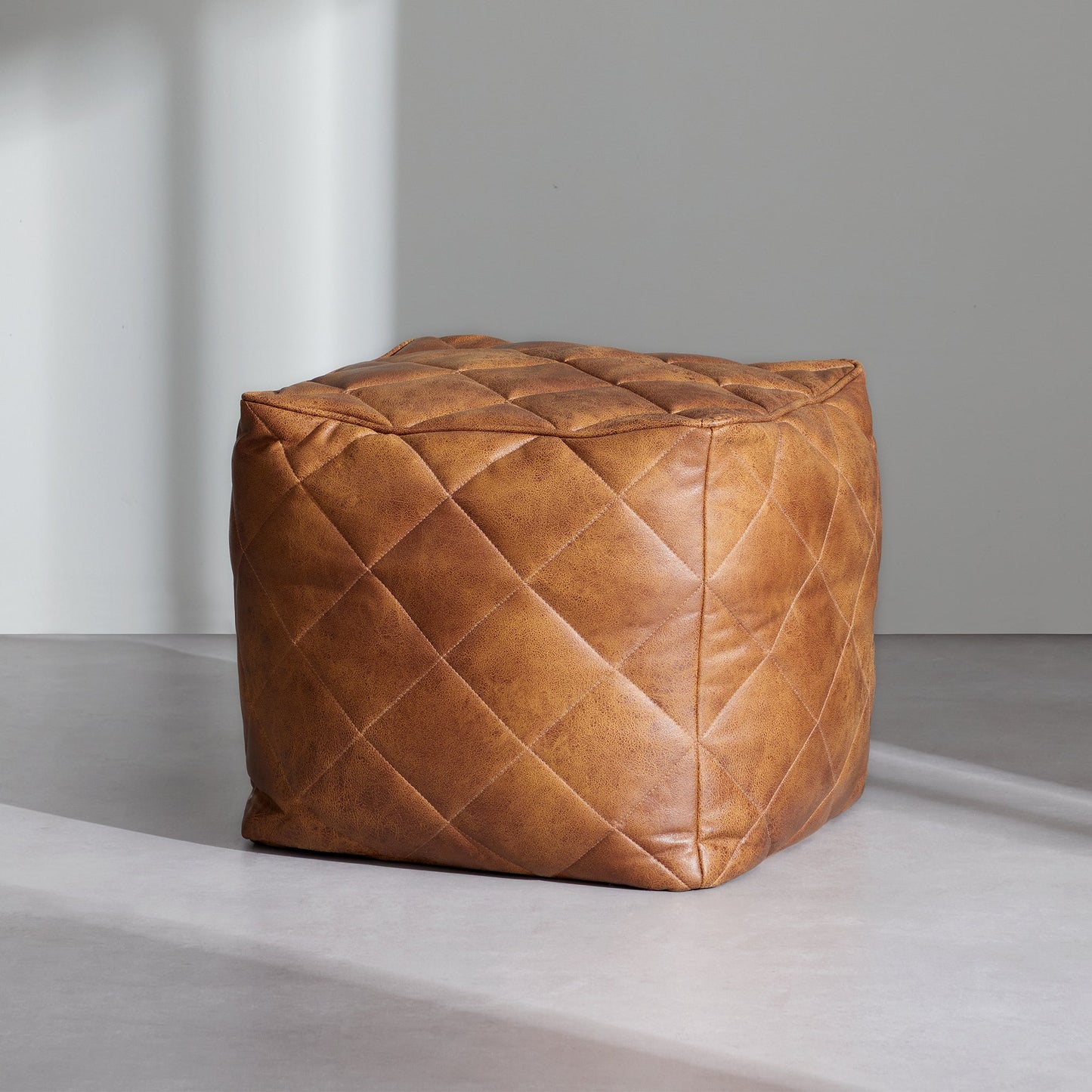 Waffle Tan Leathaire Square Pouf-Tan