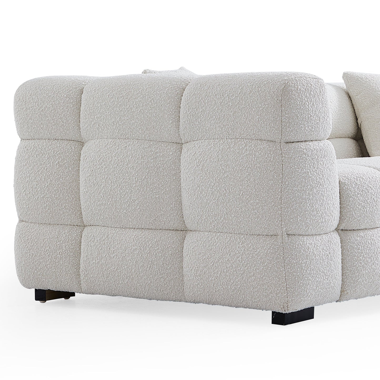 Cushy Cream Boucle Fabric Tufted Sofa With Ottoman-White