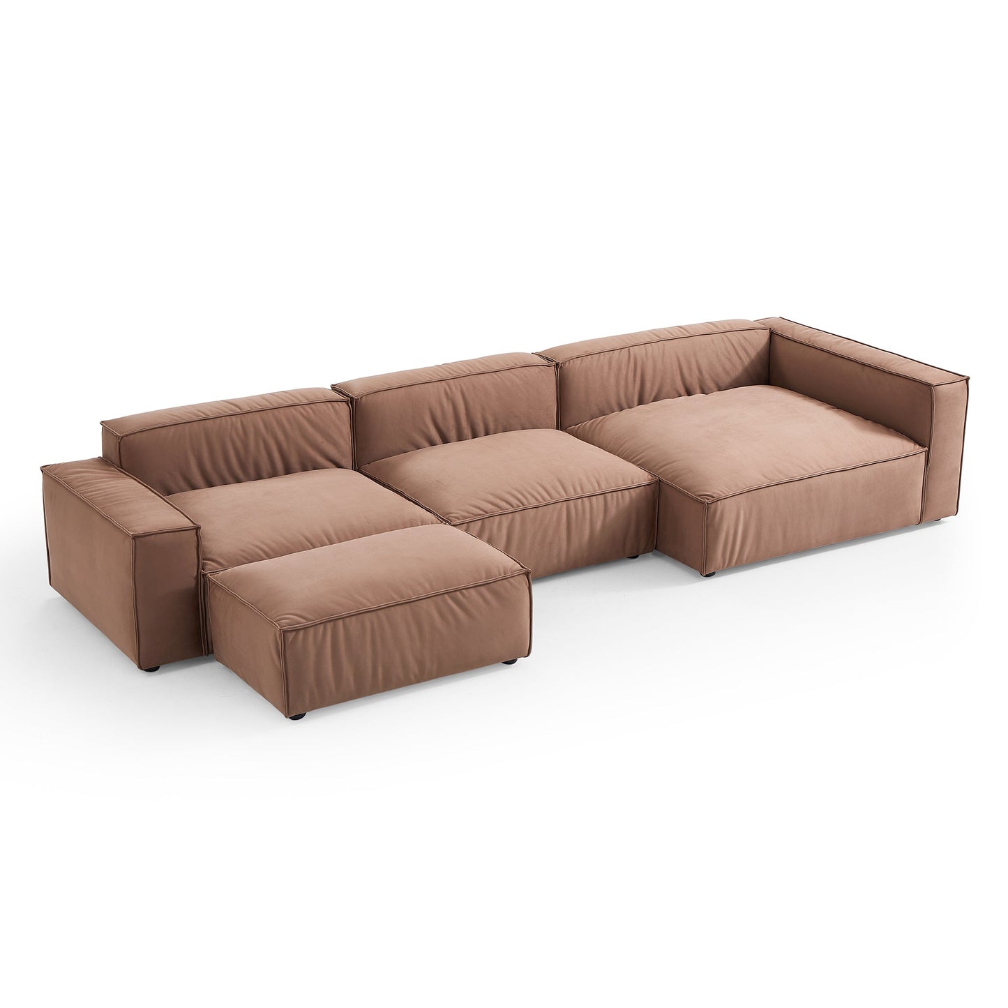 Luxury Minimalist Brown Fabric Sectional and Ottoman-Brown-145.7"-Facing Right