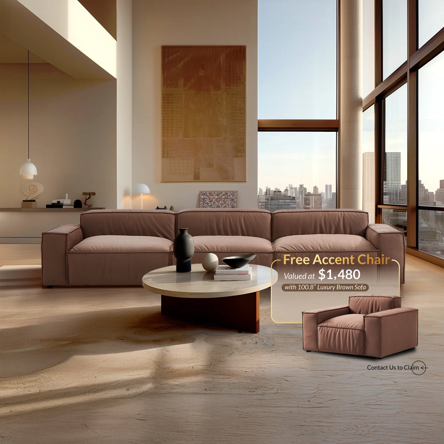 Luxury Minimalist Brown Fabric Sofa-Brown