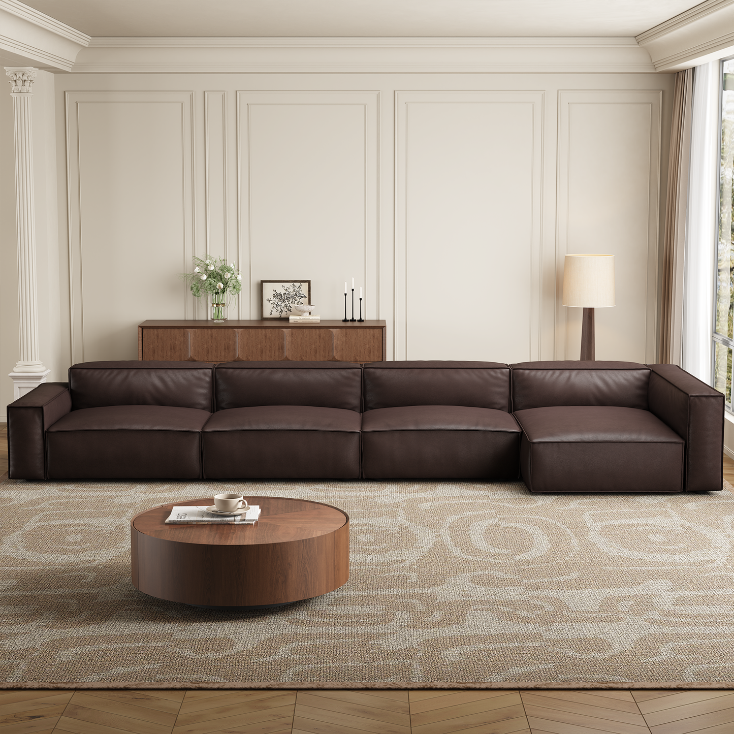 Luxury Minimalist Dark Brown Leather Sectional-Dark Brown