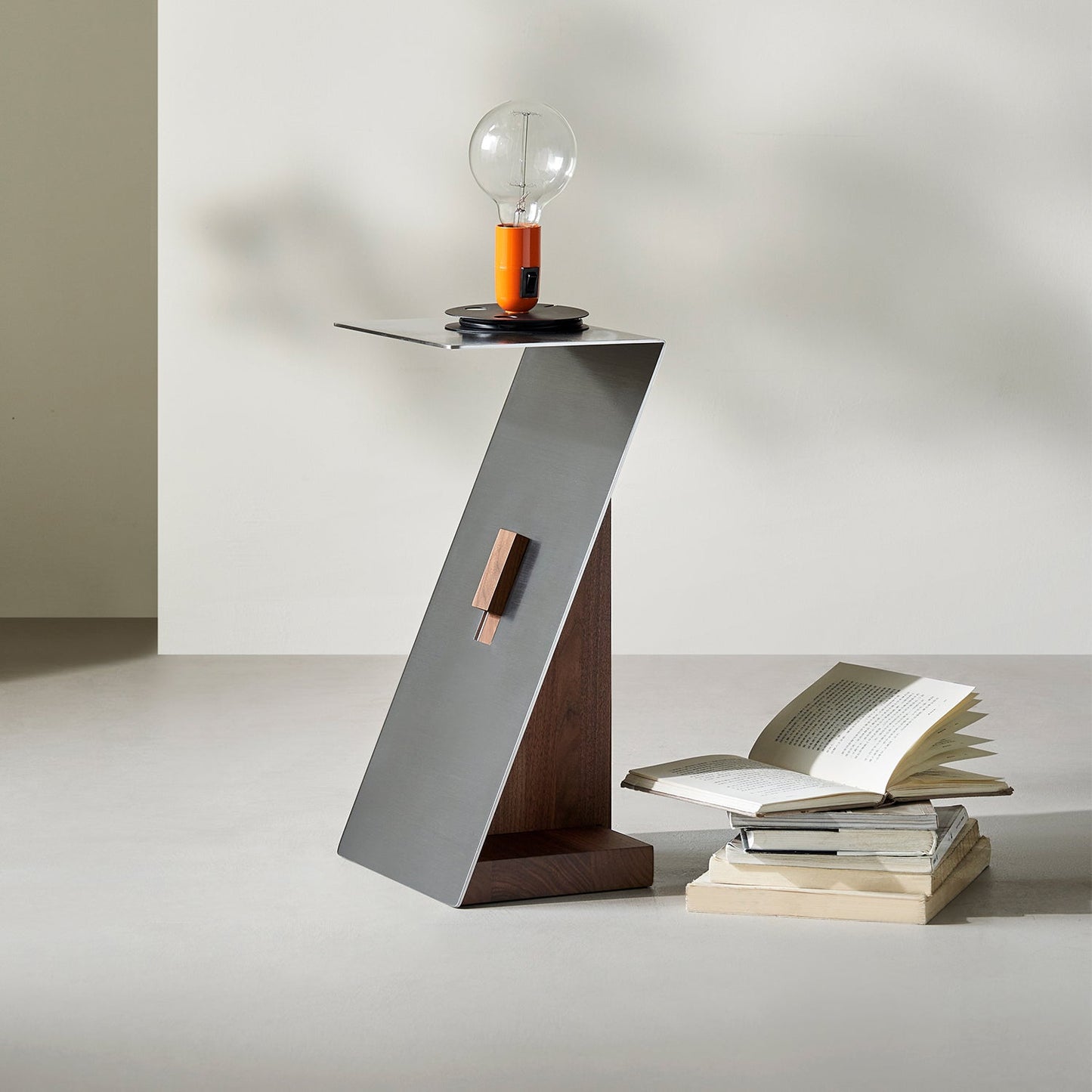 Modern Brushed Stainless Steel Side Table-Walnut