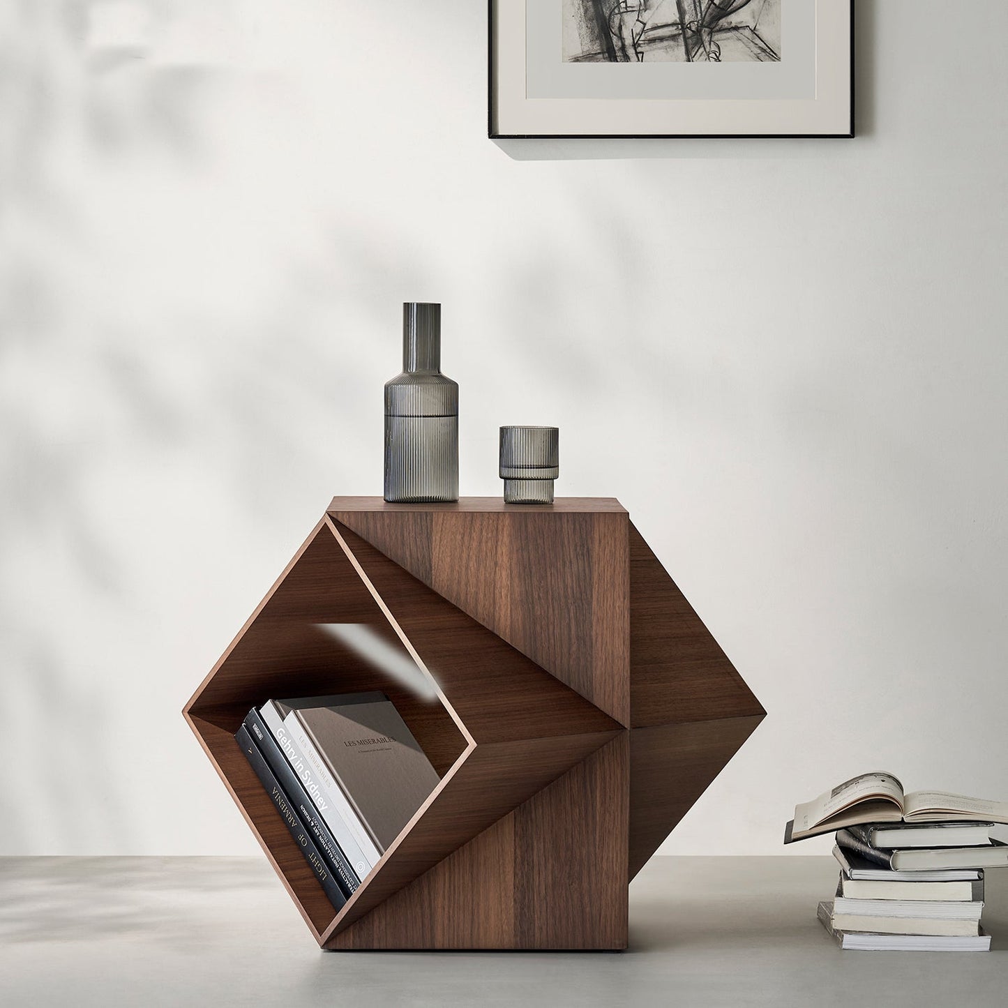 Polyhedron Walnut Wood Side Table-Walnut