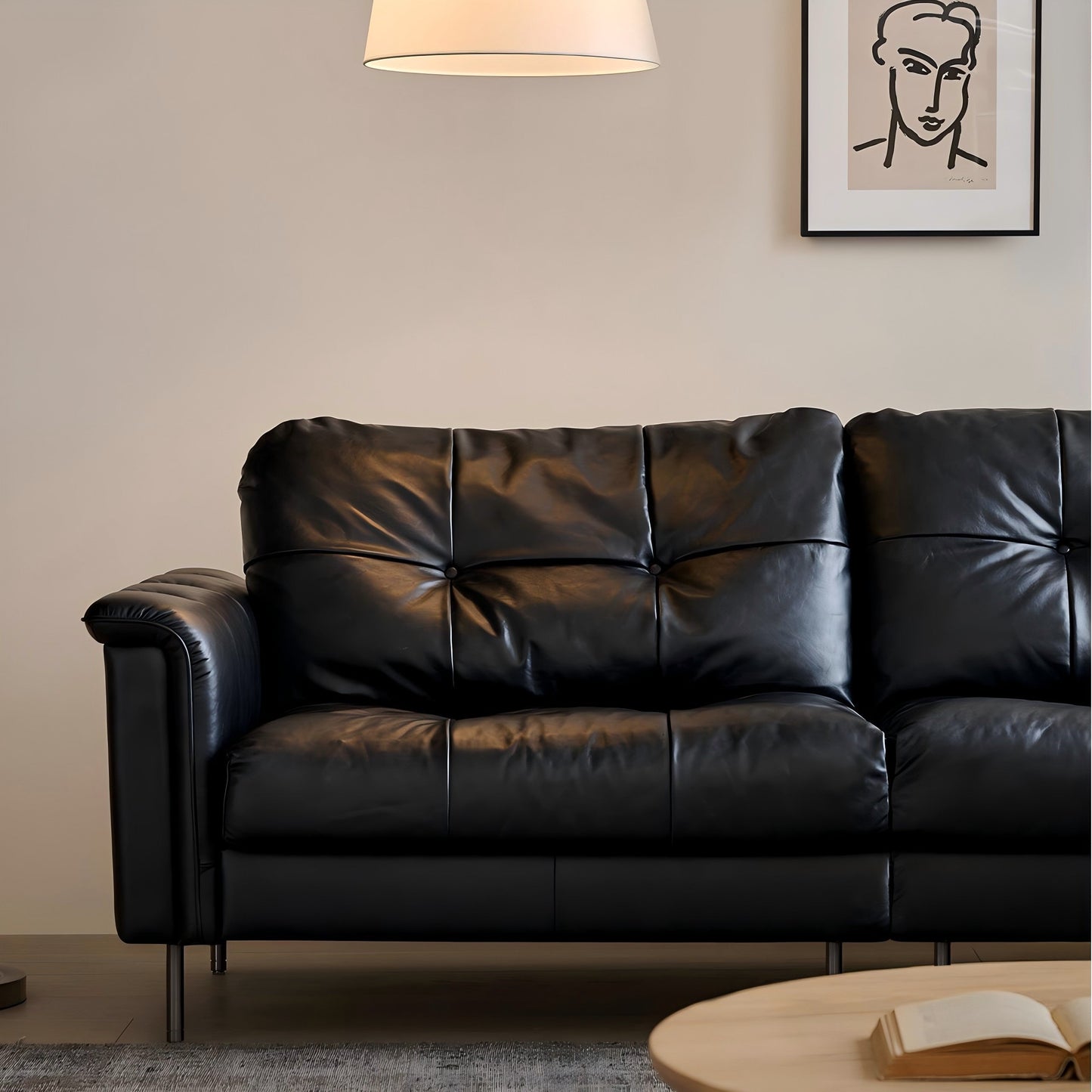 Baroque Tufted Black Leather Sofa-Black