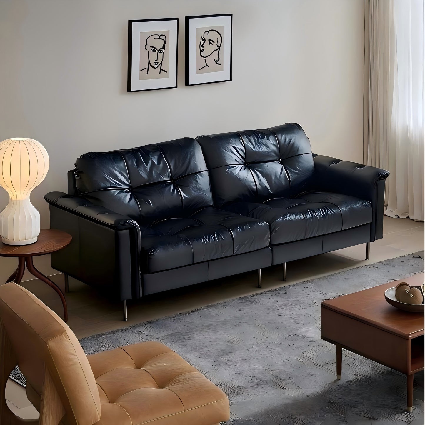 Baroque Tufted Black Leather Sofa-Black