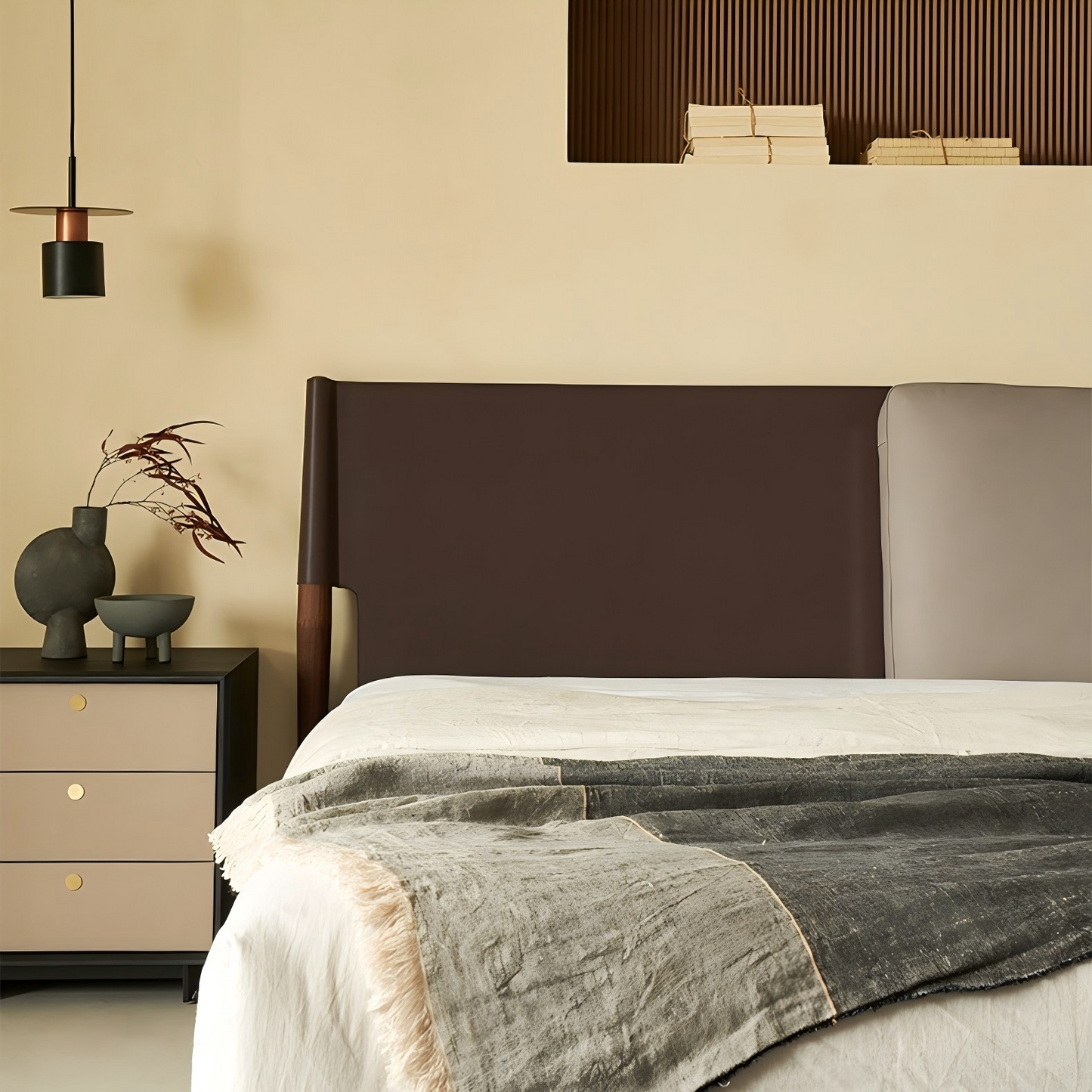 Truffle Cream Leather Bed-Walnut