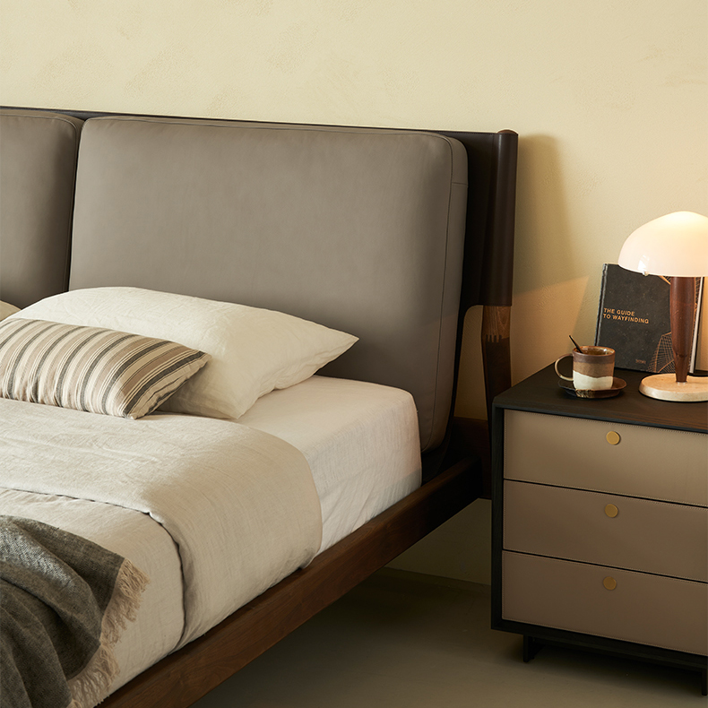 Truffle Cream Leather Bed-Walnut