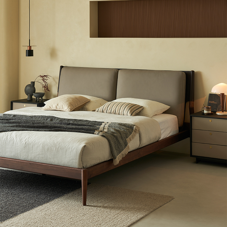 Truffle Cream Leather Bed-Walnut