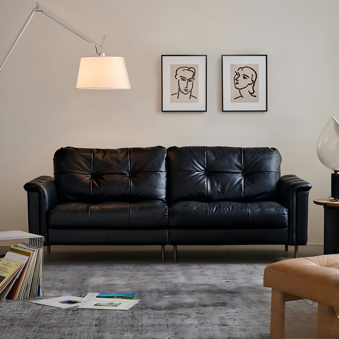 Baroque Tufted Black Leather Sofa-Black