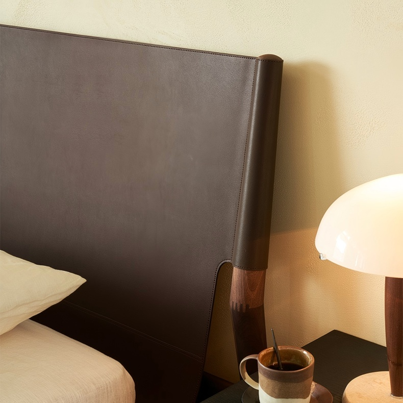 Truffle Cream Leather Bed-Walnut