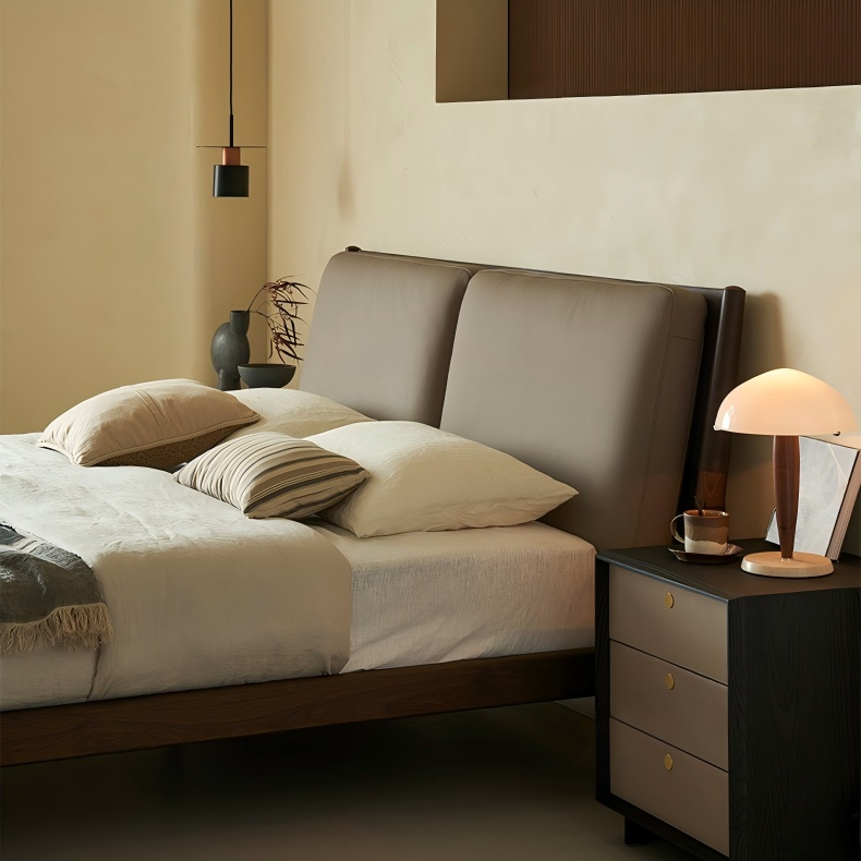 Truffle Cream Leather Bed-Walnut