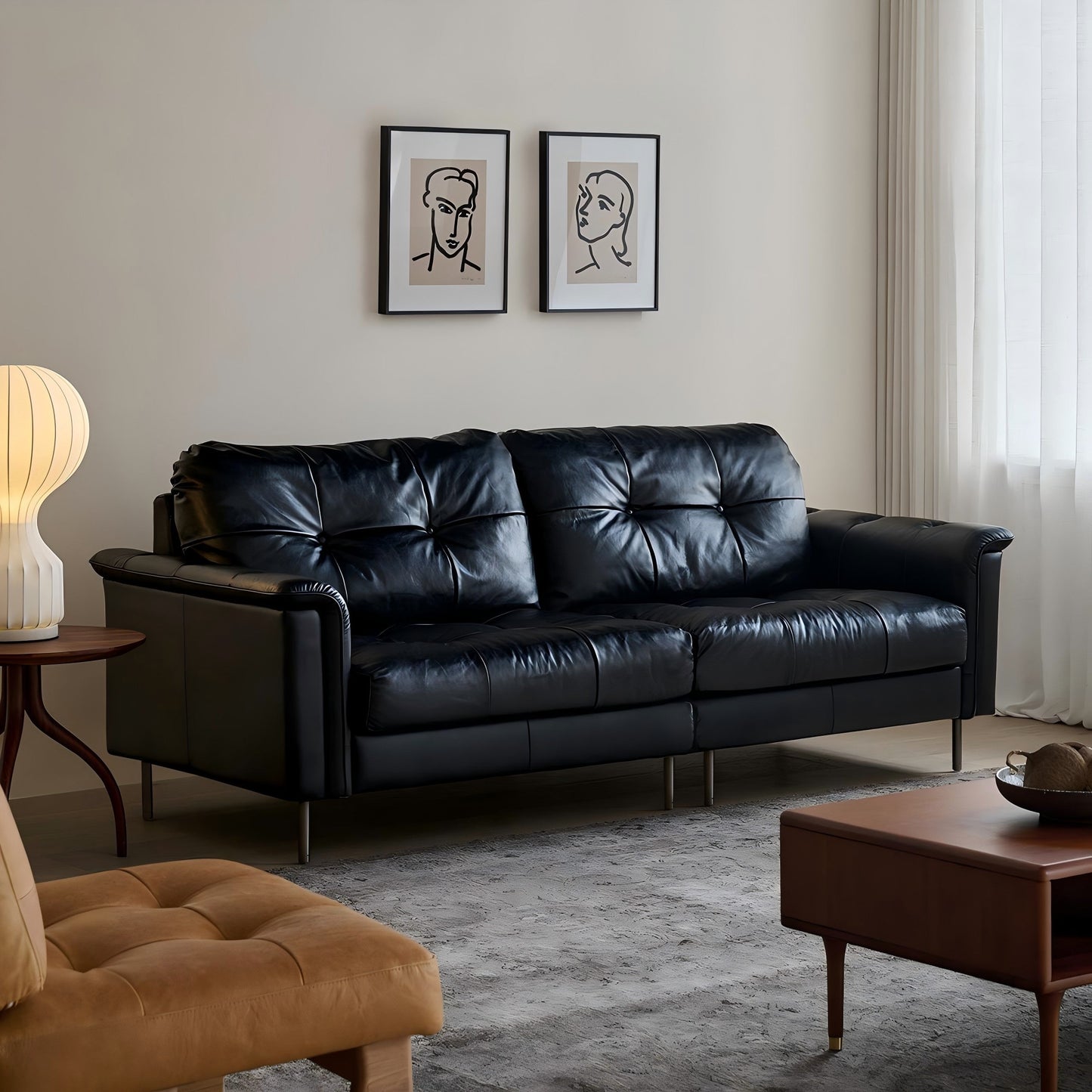 Baroque Tufted Black Leather Sofa-Black