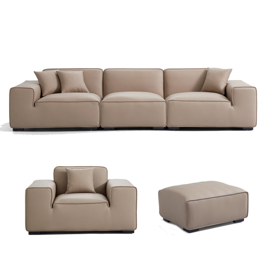 Domus Modular Black Leather Sofa Set-Khaki-129.9″