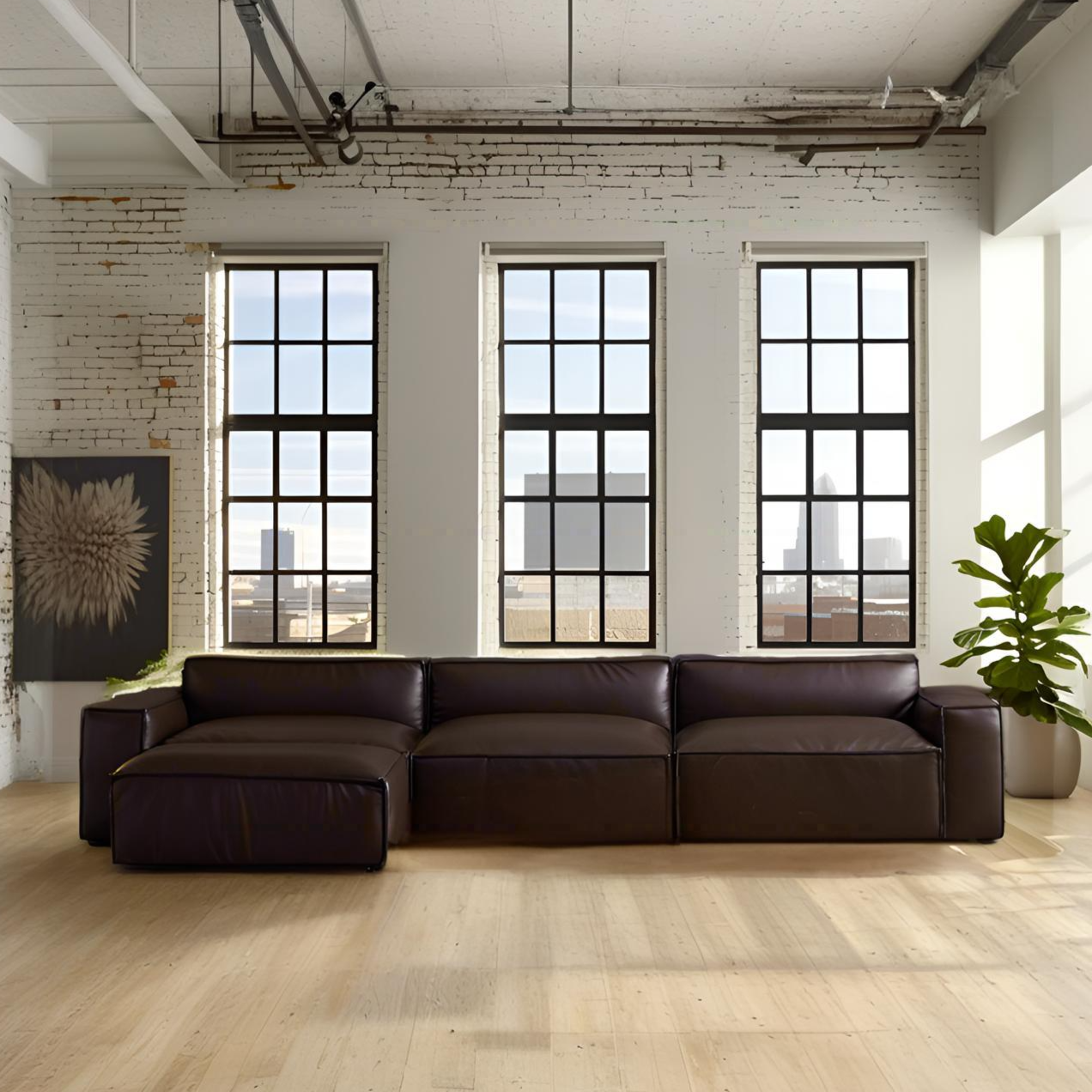 Luxury Minimalist Dark Brown Leather Sofa and Ottoman-Dark Brown