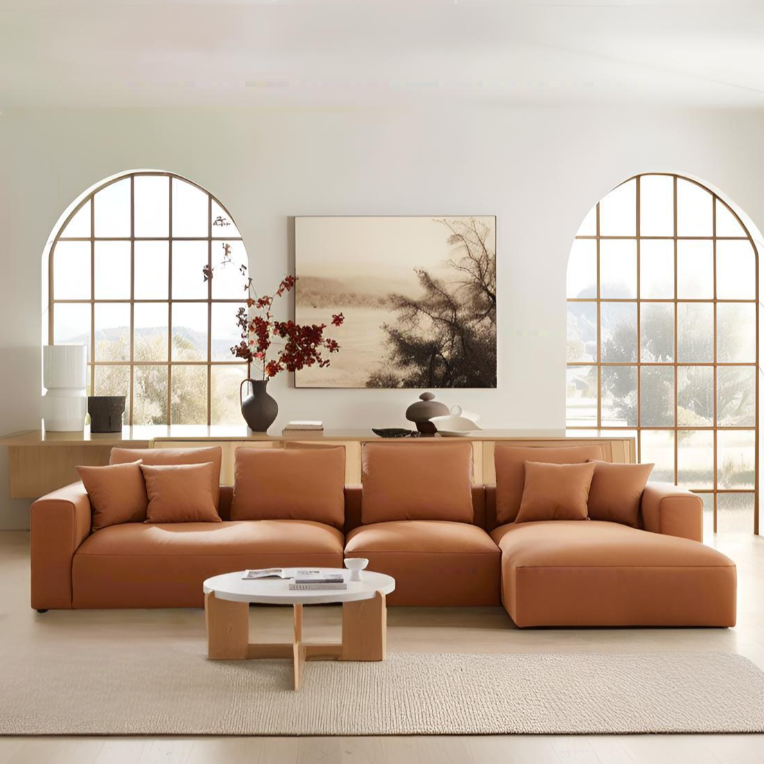 Canapé sectionnel modulaire en cuir orange Nathan