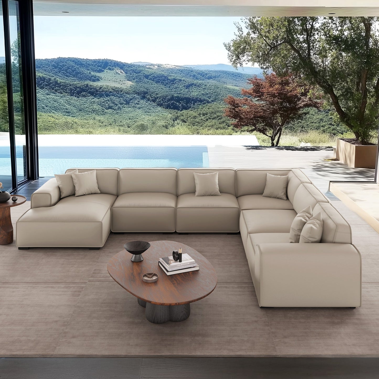 Domus Modular Black Leather U Shaped Sectional-Beige