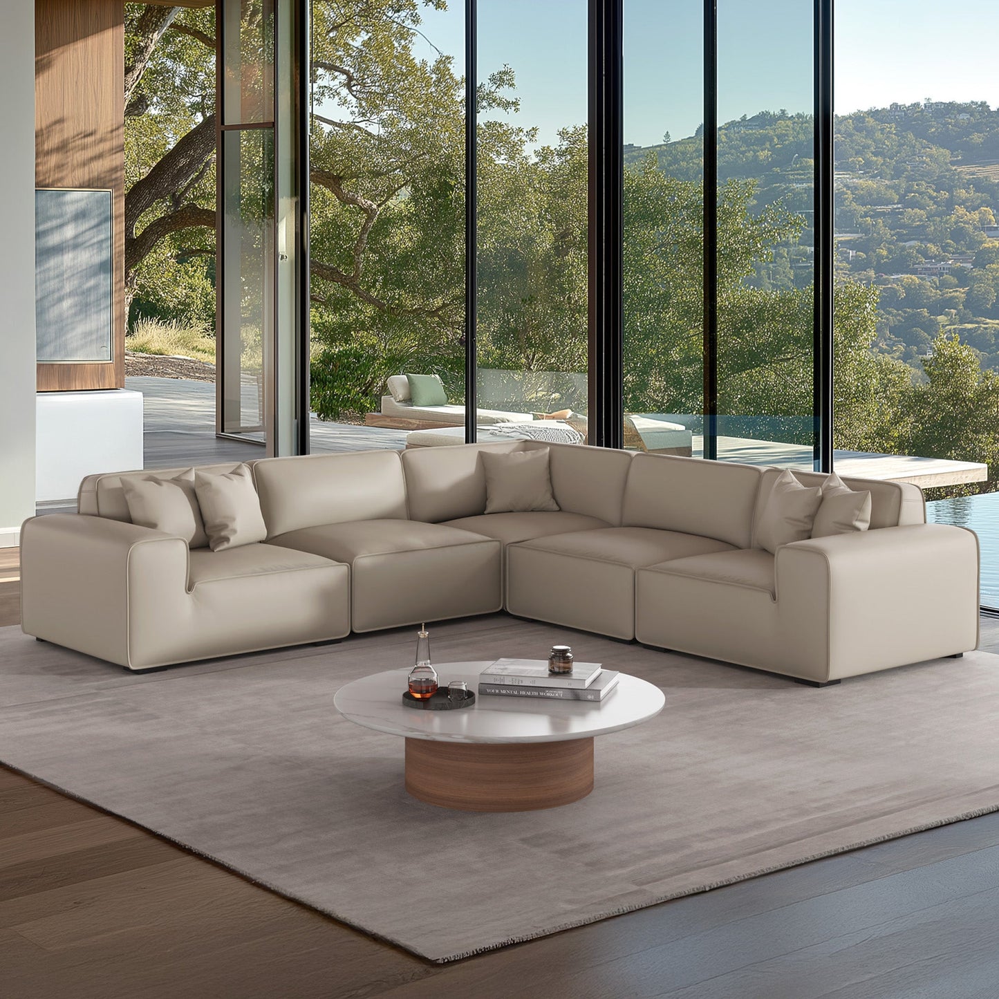 Domus Modular Dark Gray Leather L Shaped Sectional-Beige