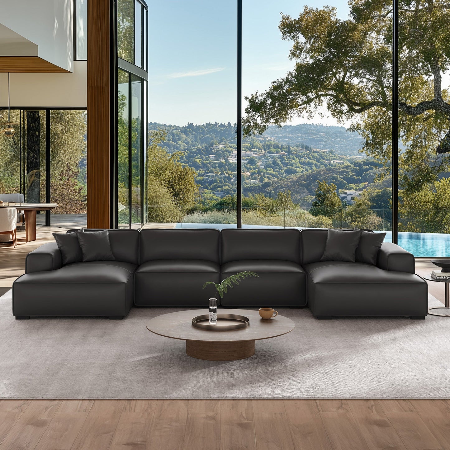 Domus Modular Black Leather Double Chaise Sectional-Black