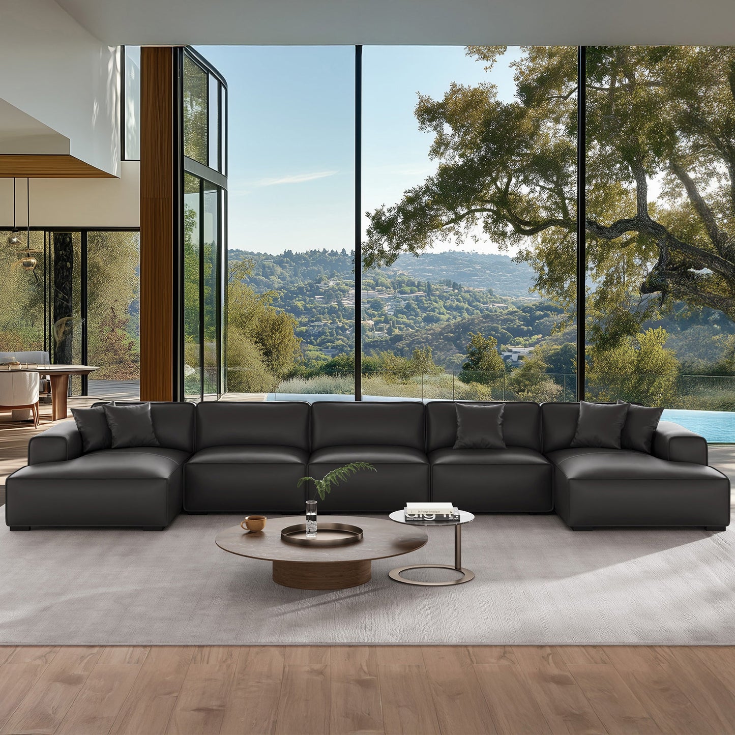 Domus Modular Black Leather Double Chaise Sectional-Black