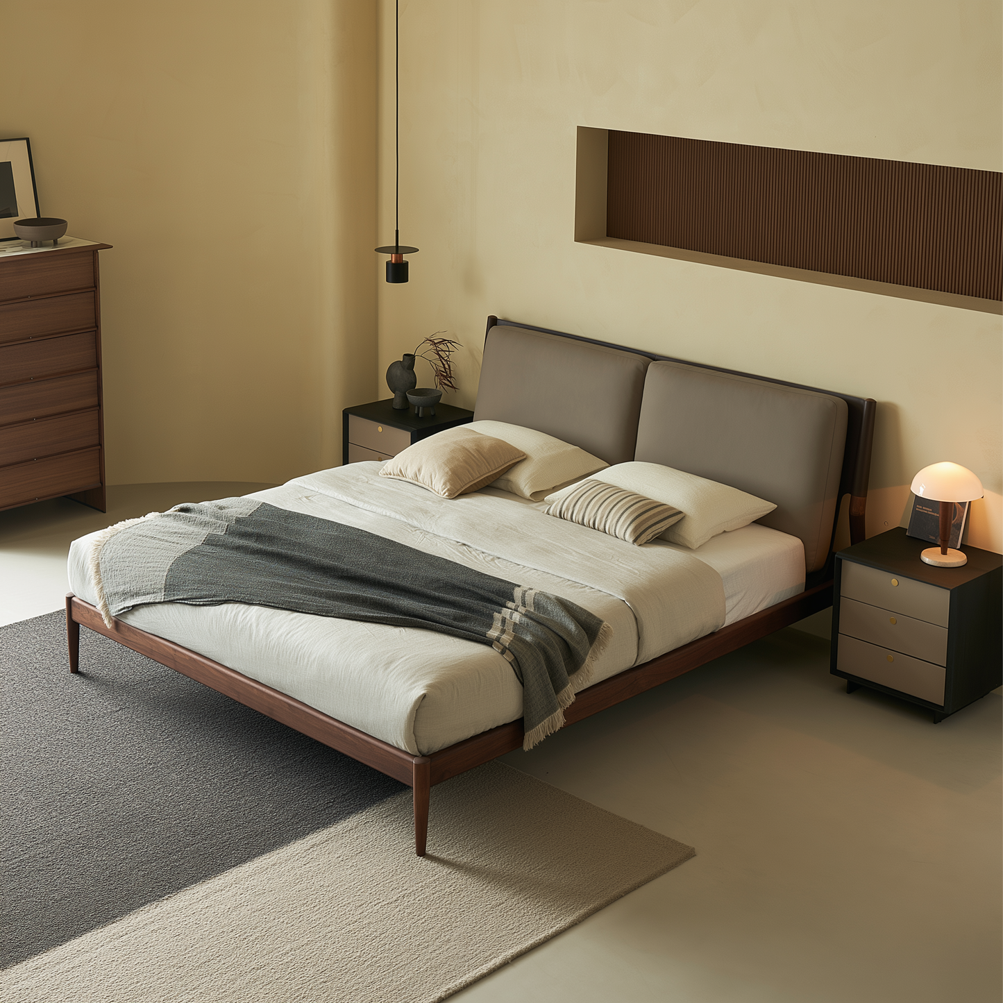 Truffle Cream Leather Bed-Walnut