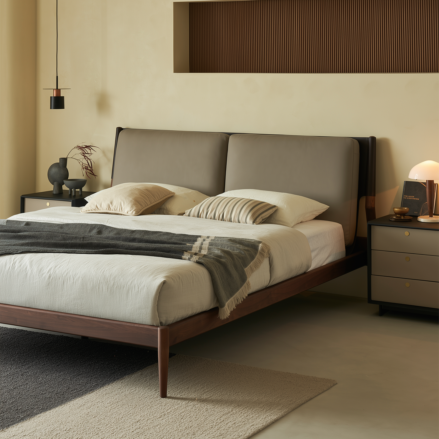 Truffle Cream Leather Bed-Walnut